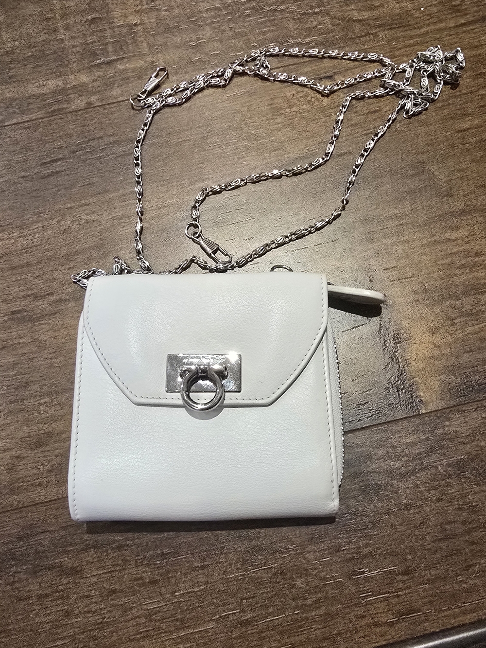 Salvatore Ferragamo White Leather Chain Wallet with Silver Hardware